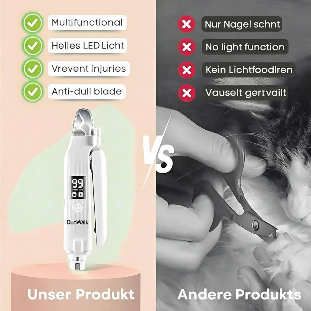 DuoWalk® Elektrischer Krallenschneider 2-in-1 mit LED – Präzise, leise & sicher für Hunde und Katzen